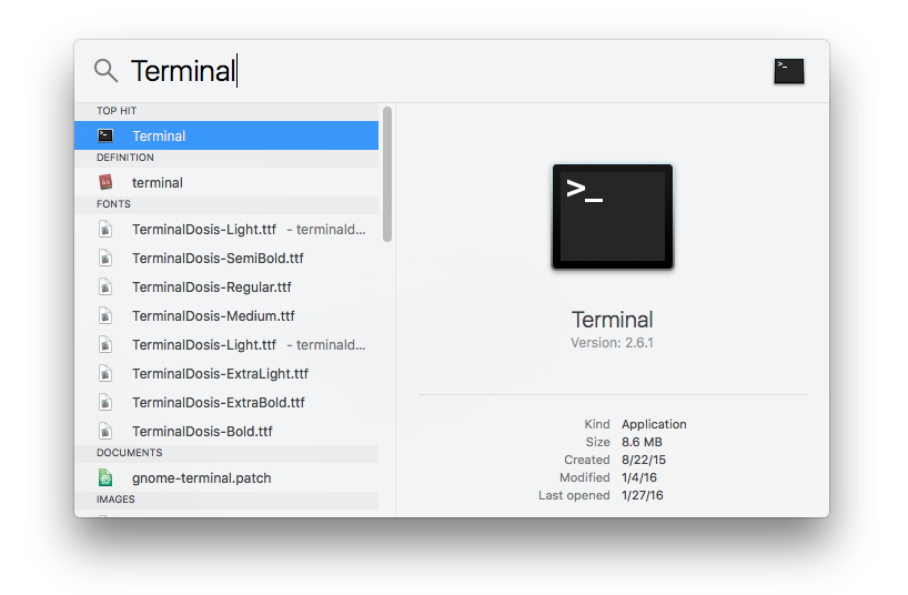 Terminal on Spotlight on OSX